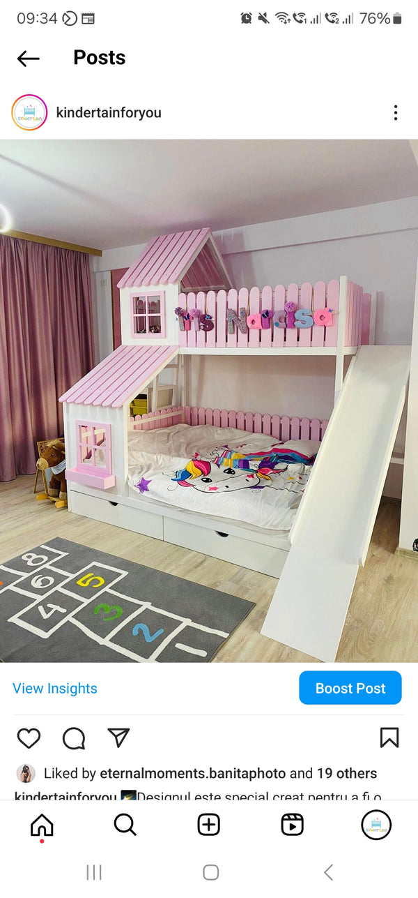 Pat cu tobogan si etaj, in forma de casuta, stil Montessori
