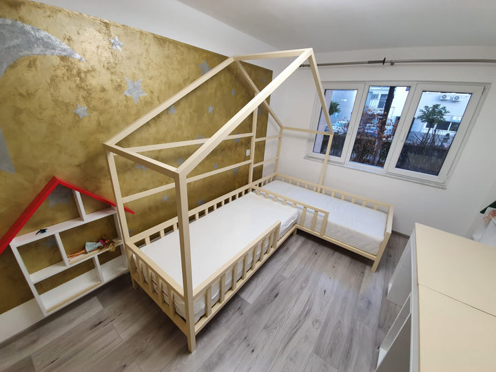 pat dublu casuta kindertain din lemn pentru copii